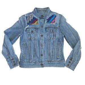 GAP Denim Jacket Patchwork Embroidered Medium Wash Blue Jean Jacket Womens S